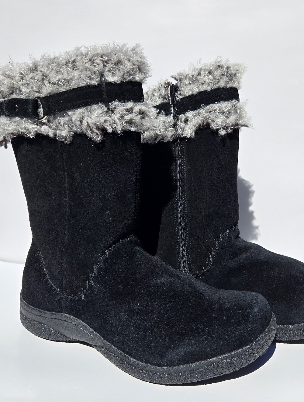 Propét Women’s Mid-Calf Blk Suede Winter Boots w/Faux Fur Trim & Side Zip- Sz 11